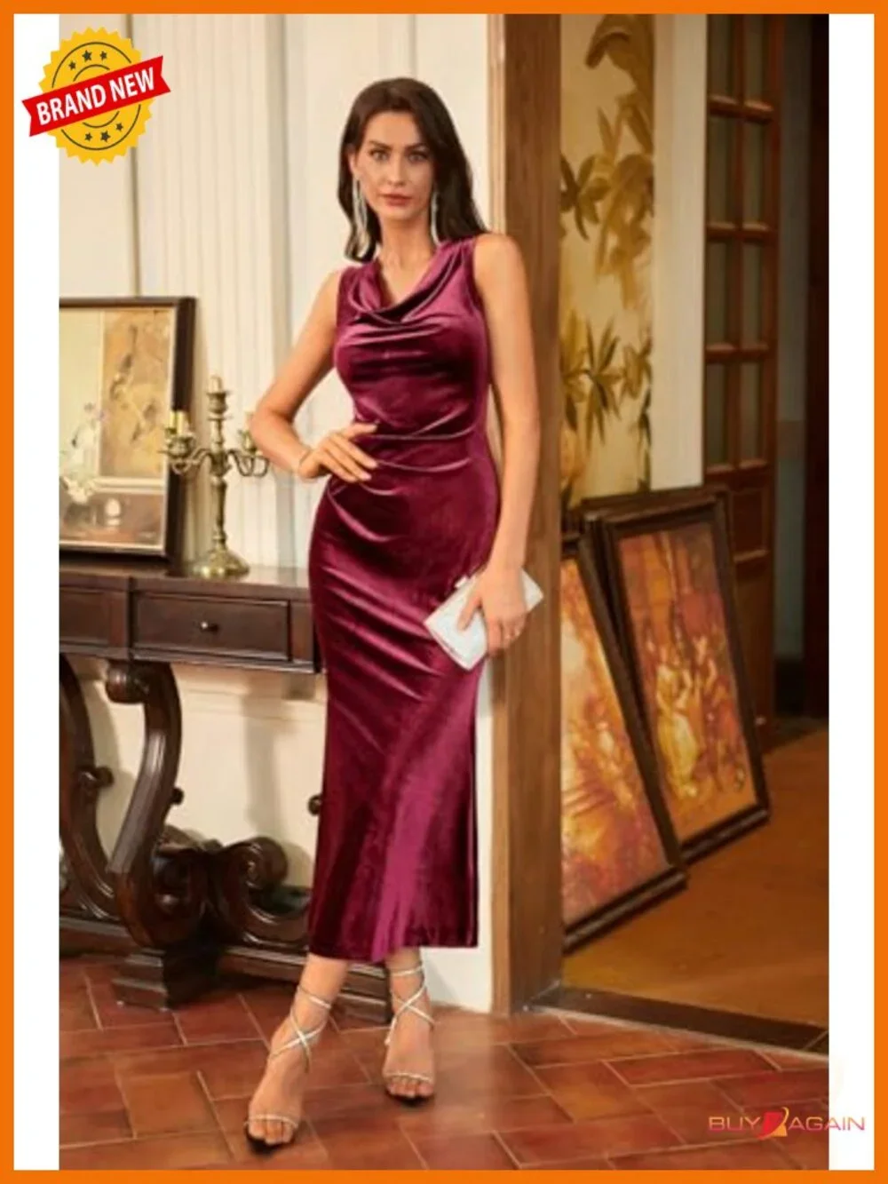 GRACE KARIN Velvet Cowl Neck Mermaid Maxi Dress Sleeveless Formal Wedding Guest